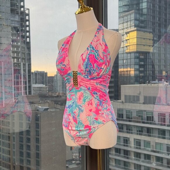 🆕 LILLY PULITZER 🧿 NWOT Lanai Halter 1PC Swimsuit, Light Pascha Pink - Sz 6 - Picture 5 of 13